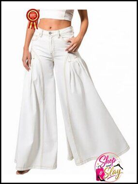 Women High Rise Pleated Flared Wide Leg Jeans Stretch Denim Bell Bottom